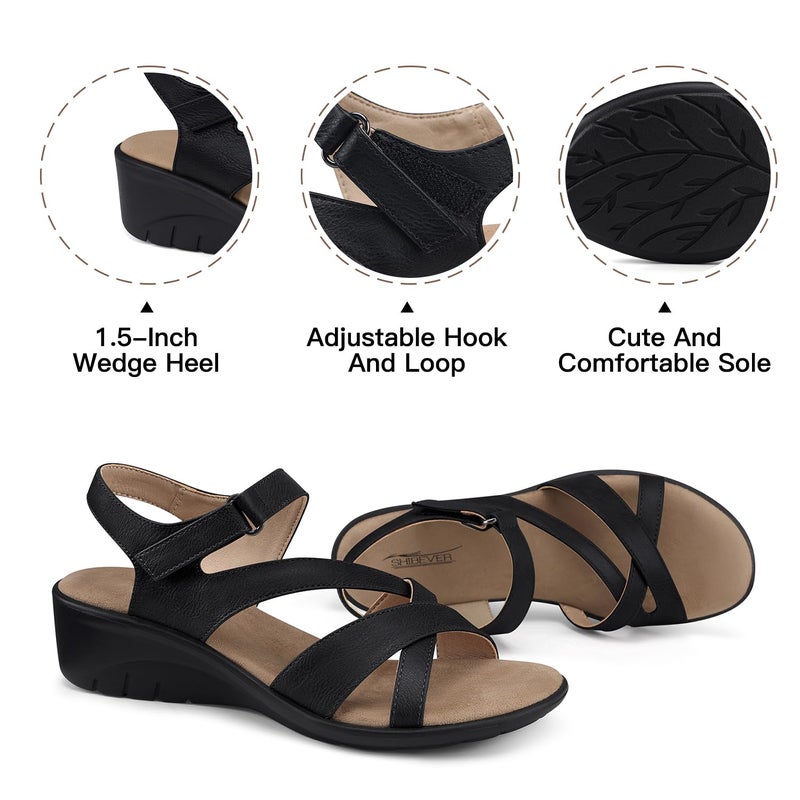 SHIBEVER Wedge Sandals for Women Dressy: Comfortable Summer Low Heel Sandals Casual Walking Dress Shoes Black Size 8 - Image 4