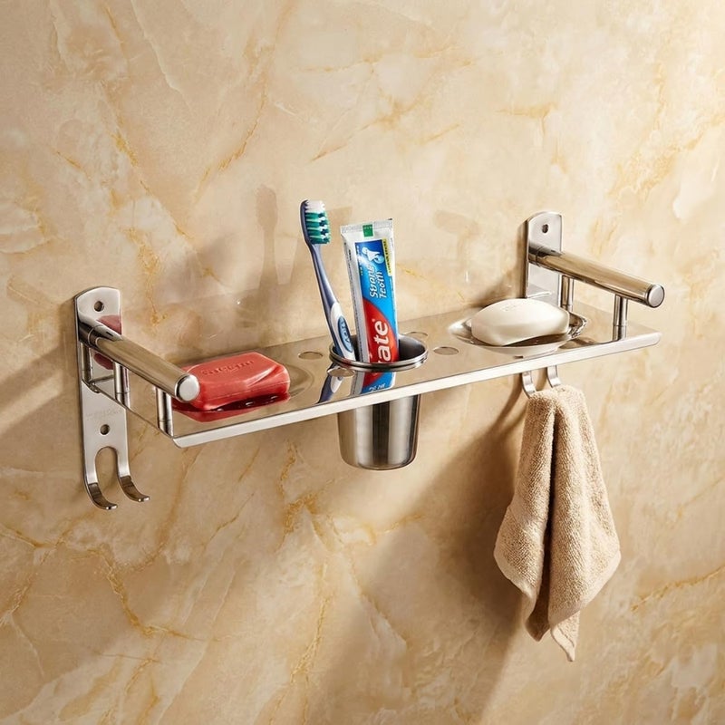Well Set Multipurpose Stainless Steel Bathroom Shelf for Wall | Soap Holder for Bathroom with Toothbrush Holder | Bathroom Accessories and Fittings - Image 3