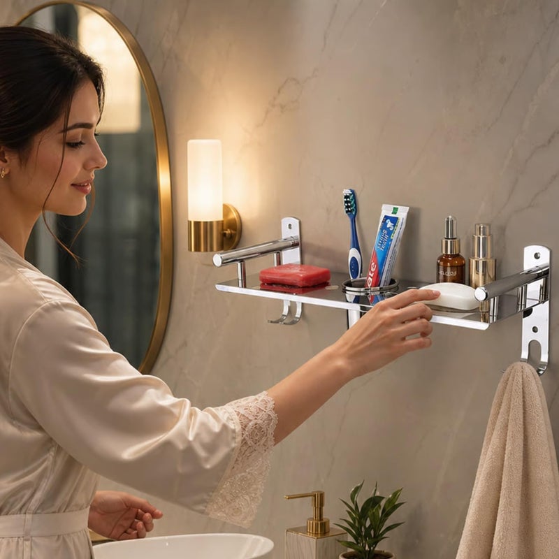 Well Set Multipurpose Stainless Steel Bathroom Shelf for Wall | Soap Holder for Bathroom with Toothbrush Holder | Bathroom Accessories and Fittings - Image 1