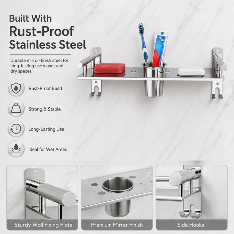 Well Set Multipurpose Stainless Steel Bathroom Shelf for Wall | Soap Holder for Bathroom with Toothbrush Holder | Bathroom Accessories and Fittings - Image 5