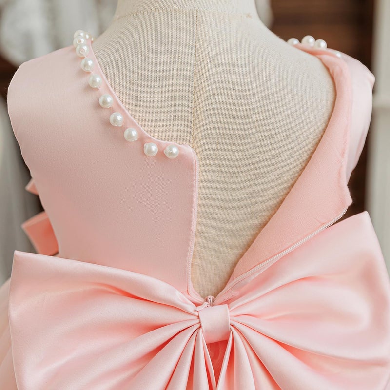 Nileafes Flower Girls Baby Tutu Wedding Party Satin Dress Infant Sleeveless Pearl Princess Pageant Ball Gown Size 9-12M (9-12 Months, 075-Pink) - Image 5