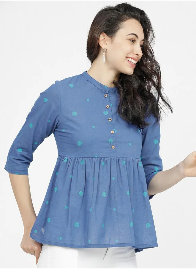 Vishudh Women Blue Printed Cotton Empire Top by Styli