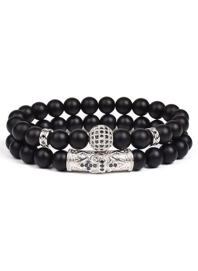 طقم سوار مؤلف من قطعتين من الأونيكس للرجال - مجوهرات تعزز الحظ والشجاعة والقوة #أسود/فضي