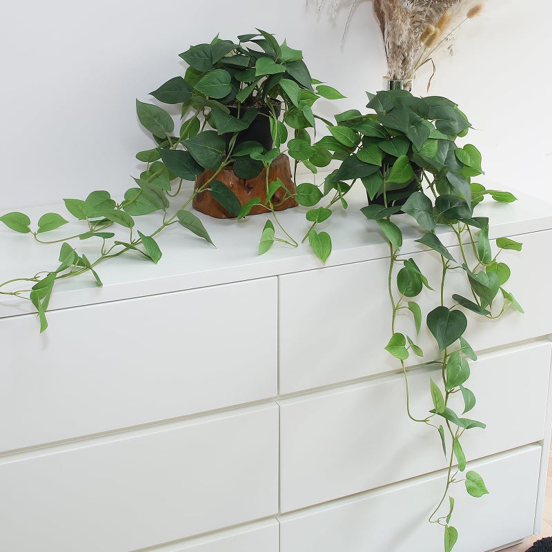 alyptus Fake Hanging Plants Artificial Decor Set of 2 Indoor Outdoor Realistic Silk Devil's Ivy Hanging Potted Plants Faux Greenery Plant Pothos Vines with Pot for Home Shelf Decoration (Green) - Image 1
