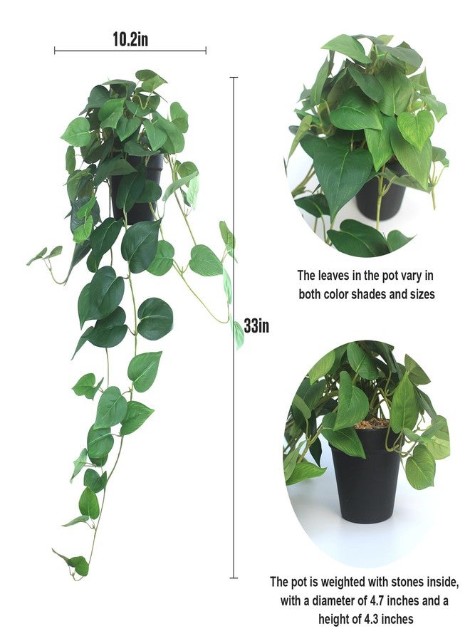 alyptus Fake Hanging Plants Artificial Decor Set of 2 Indoor Outdoor Realistic Silk Devil's Ivy Hanging Potted Plants Faux Greenery Plant Pothos Vines with Pot for Home Shelf Decoration (Green) - Image 3