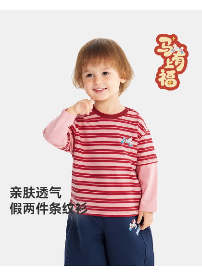 Soft And Comfortable] Baby T-shirt Long Sleeve Boys' Two-piece Look Undershirt Children's Top 25 New Year's Greetings - Image 1