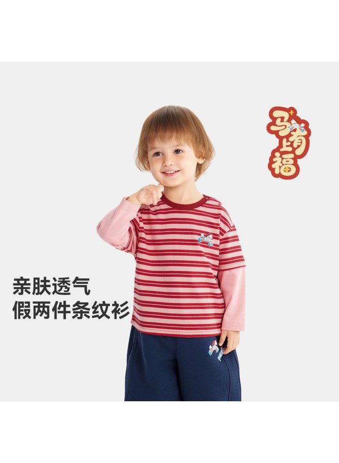 Soft And Comfortable] Baby T-shirt Long Sleeve Boys' Two-piece Look Undershirt Children's Top 25 New Year's Greetings - Image 2