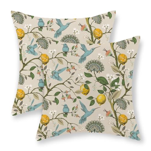 GOLIANDA Chinoiserie Pillow Covers 18x18 Set of 2 Blue Green Bird Floral Throw Pillows Vintage Yellow Lemon Flowers Decorations Pillowcase Outdoor Chinoiserie Decor Linen Cushion Case for Couch Home - Image 1