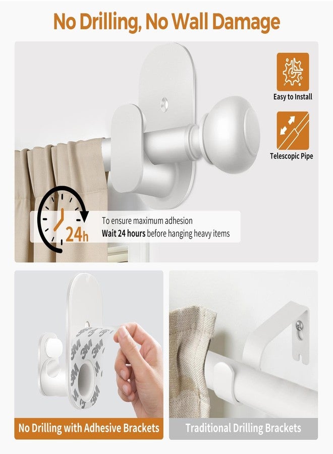 USFOOK Curtain Rods No Drilling 32 to 58 in, USFOOK 5/8 Inch No Drill Curtain Rods for Windows with 3M Adhesive Brackets, Renter Friendly Drapery Pole with White Round Finials - Image 4