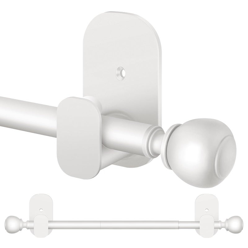 USFOOK Curtain Rods No Drilling 32 to 58 in, USFOOK 5/8 Inch No Drill Curtain Rods for Windows with 3M Adhesive Brackets, Renter Friendly Drapery Pole with White Round Finials - Image 1