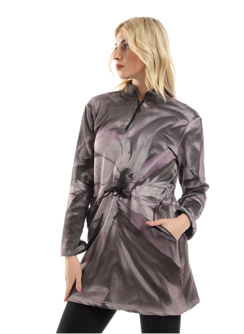 Andora - Tie Dye Long Sweatshirt With Side Pockets - Purple, Black & Grey - Image 1