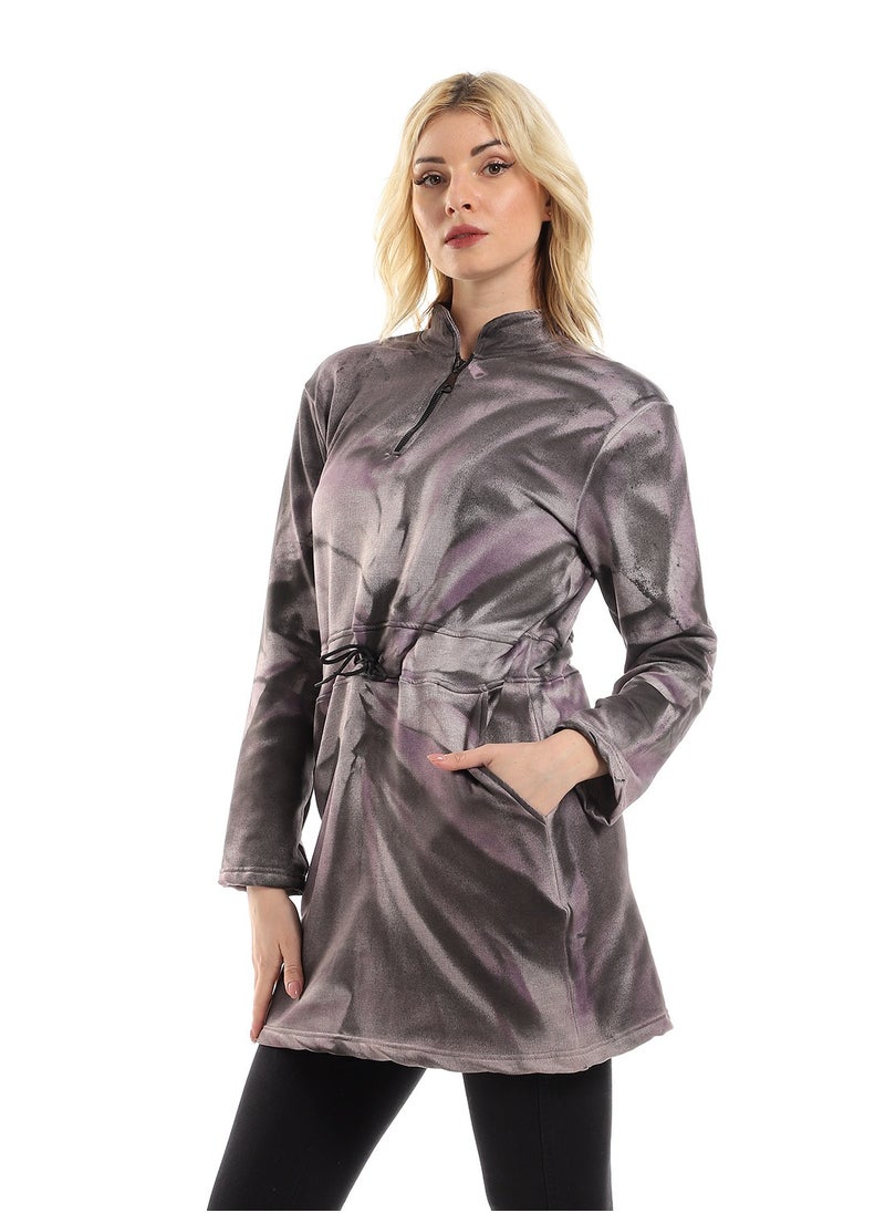 Andora - Tie Dye Long Sweatshirt With Side Pockets - Purple, Black & Grey - Image 1