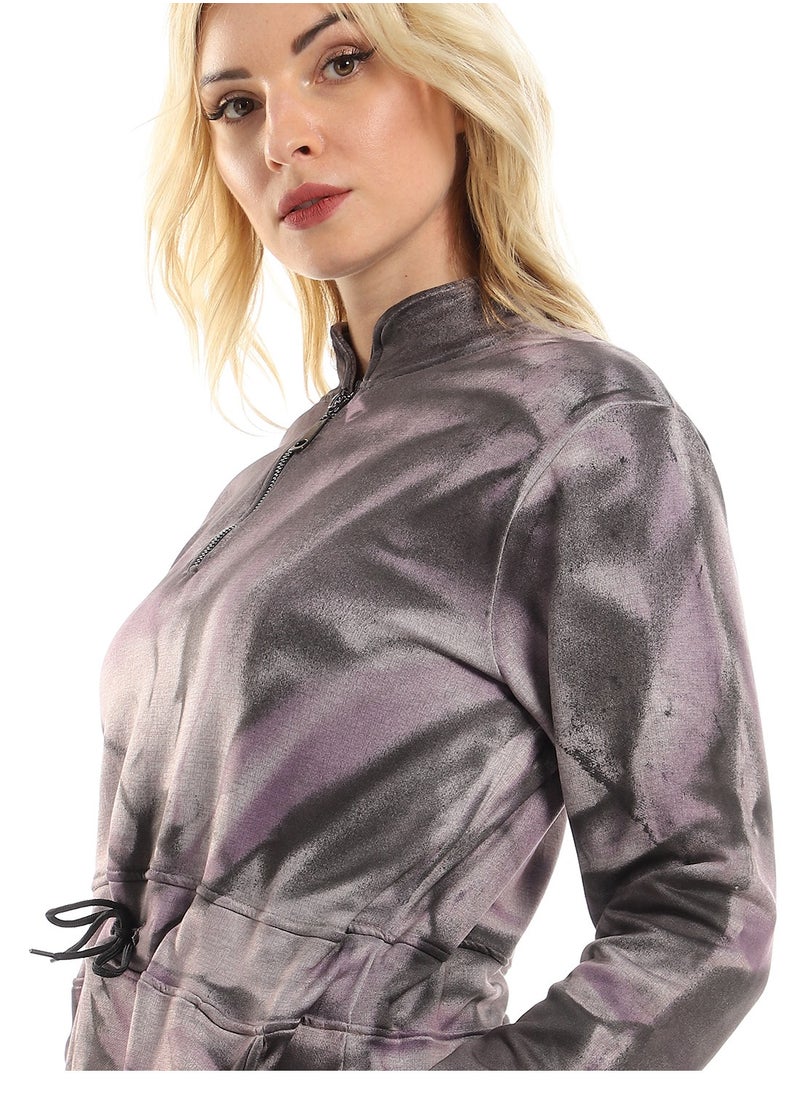Andora - Tie Dye Long Sweatshirt With Side Pockets - Purple, Black & Grey - Image 1