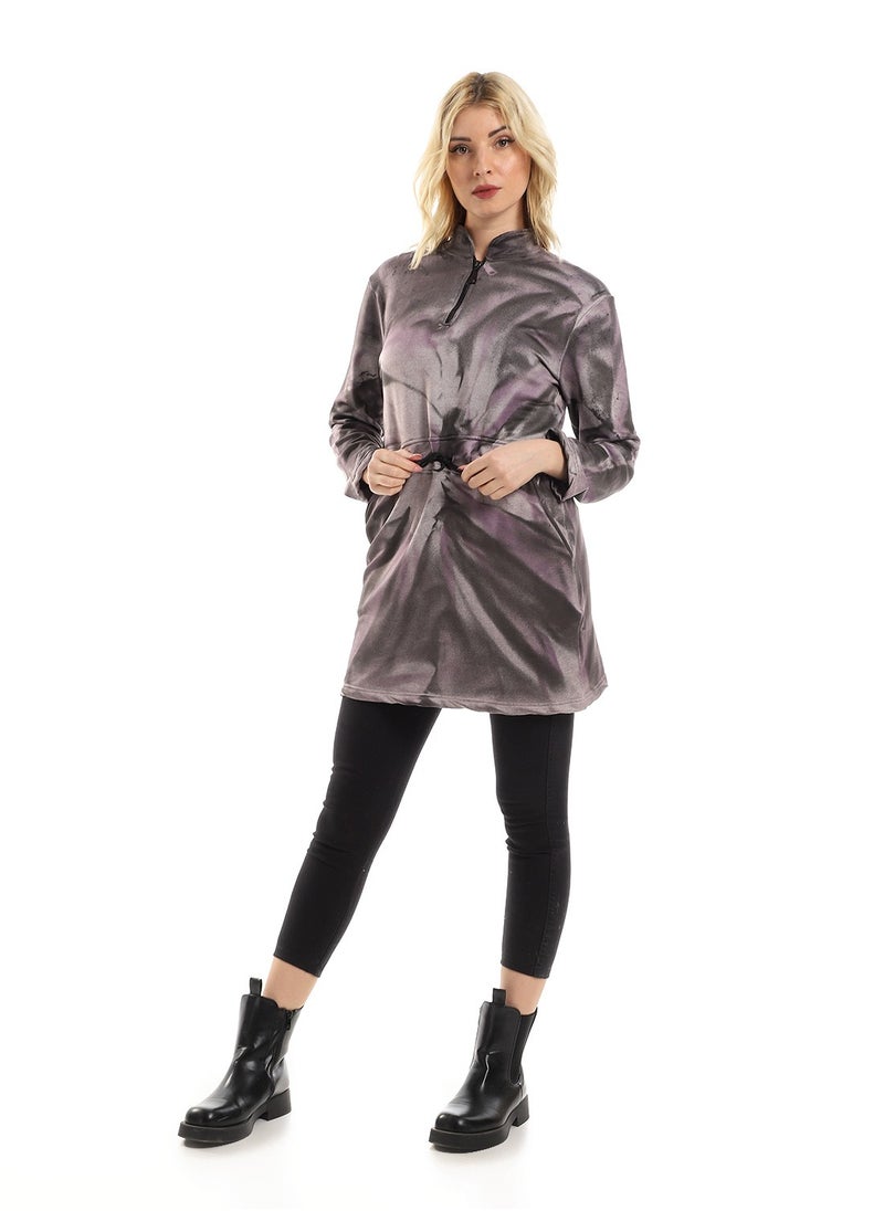 Andora - Tie Dye Long Sweatshirt With Side Pockets - Purple, Black & Grey - Image 1
