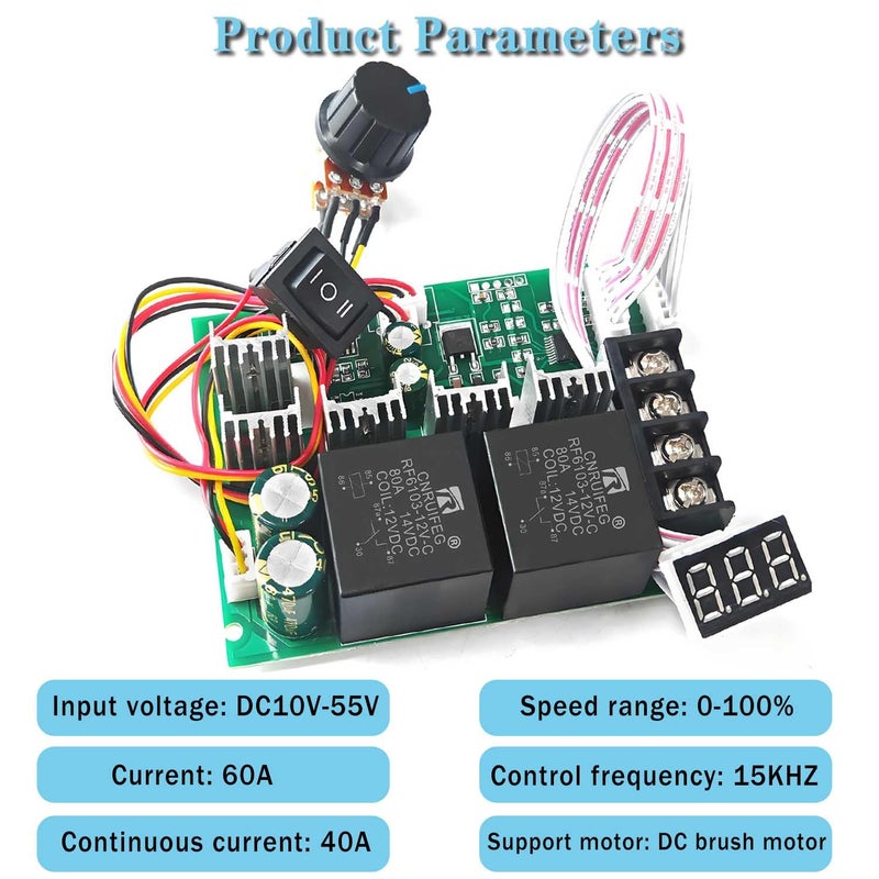 NEWNEWLIU PWM DC Motor Speed Controller,12V/24V/36V/48V/40A LED Display Stepless Speed Controller with Forward-Brake-Reverse Switch & Adjustable Potentiometer for Brushed Motors - Image 2