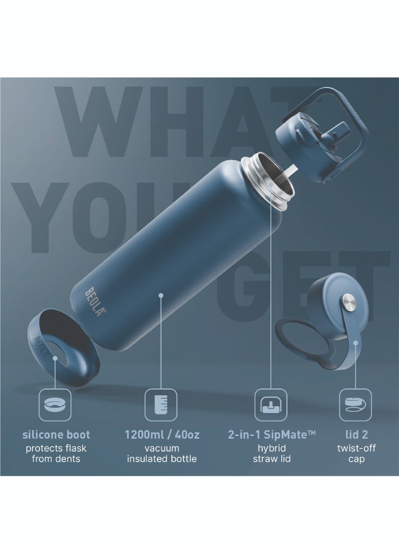 BEOLA 1200ml Vacuum Insulated Water Bottle, Double Walled Thermolab series Stainless Steel Water Drinking Flask with Straw Lid, 2 Lids included, Hot Cold Thermos, Sports Bottle 40oz (Marine Blue) - Image 2