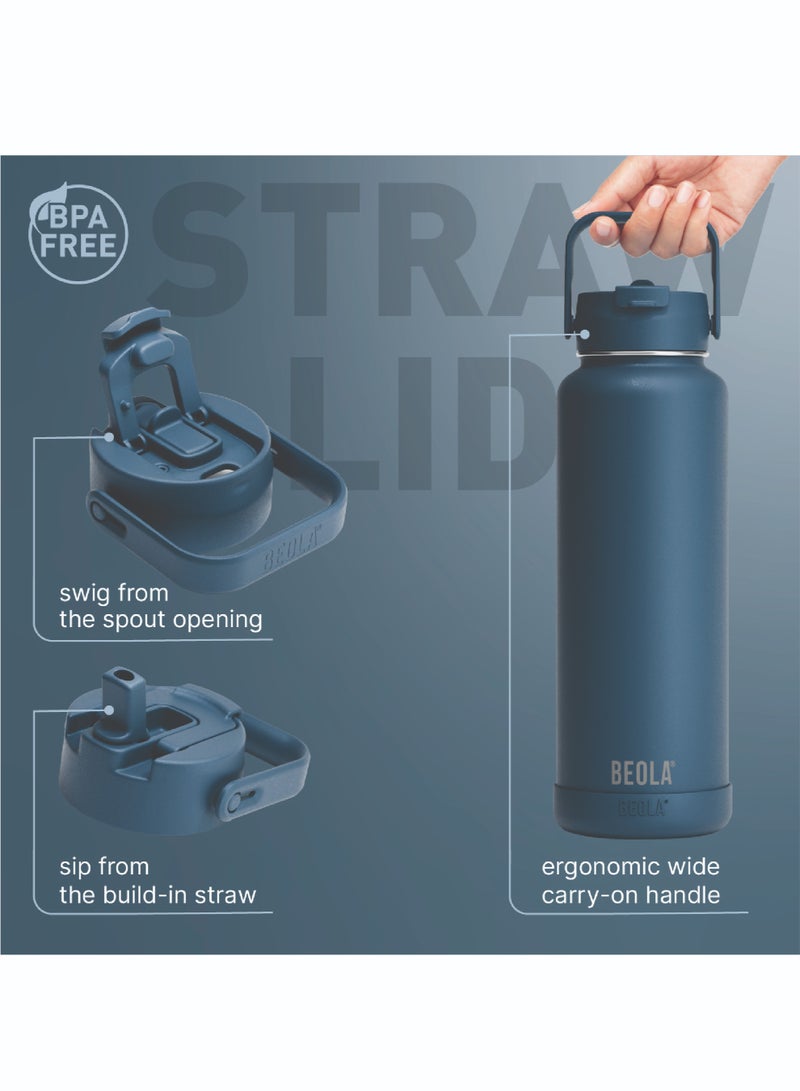 BEOLA 1200ml Vacuum Insulated Water Bottle, Double Walled Thermolab series Stainless Steel Water Drinking Flask with Straw Lid, 2 Lids included, Hot Cold Thermos, Sports Bottle 40oz (Marine Blue) - Image 3
