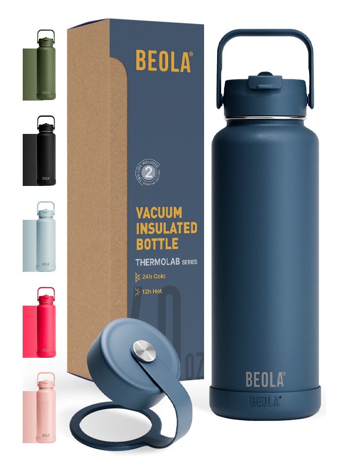 BEOLA 1200ml Vacuum Insulated Water Bottle, Double Walled Thermolab series Stainless Steel Water Drinking Flask with Straw Lid, 2 Lids included, Hot Cold Thermos, Sports Bottle 40oz (Marine Blue) - Image 1