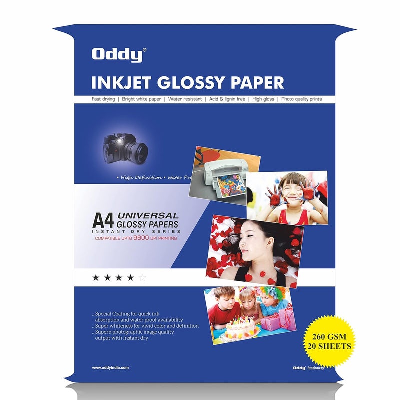oddy 260 GSM A4 Size Glossy Photo Paper – Waterproof & Smudge Resistant, Pack of 20 Sheets, Compatible with Inkjet Printer - Image 1