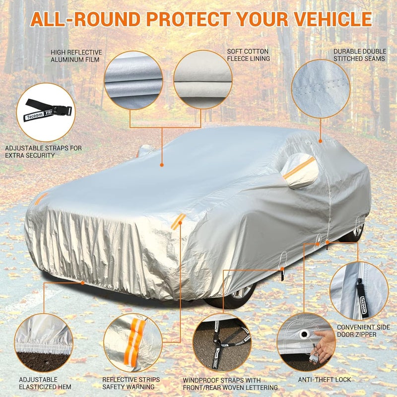 Tecoom Waterproof Car Cover for Sedan (191-200 Inch) - 3 Layers with Fleece Lining and Zipper Door Lock - Image 2