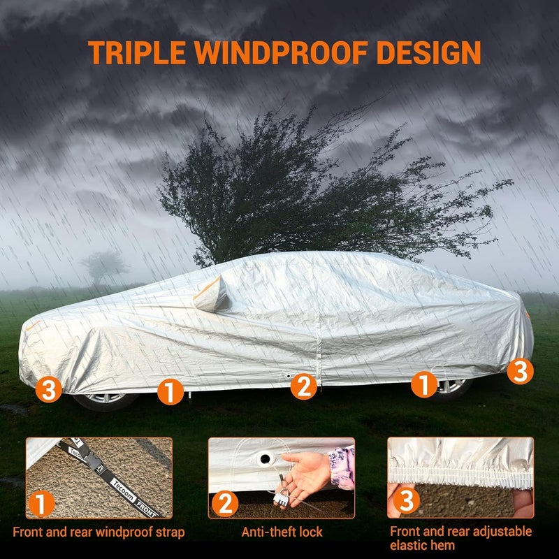 Tecoom Waterproof Car Cover for Sedan (191-200 Inch) - 3 Layers with Fleece Lining and Zipper Door Lock - Image 4