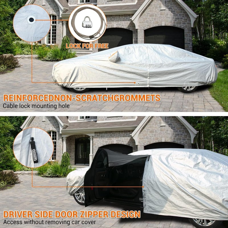 Tecoom Waterproof Car Cover for Sedan (191-200 Inch) - 3 Layers with Fleece Lining and Zipper Door Lock - Image 3