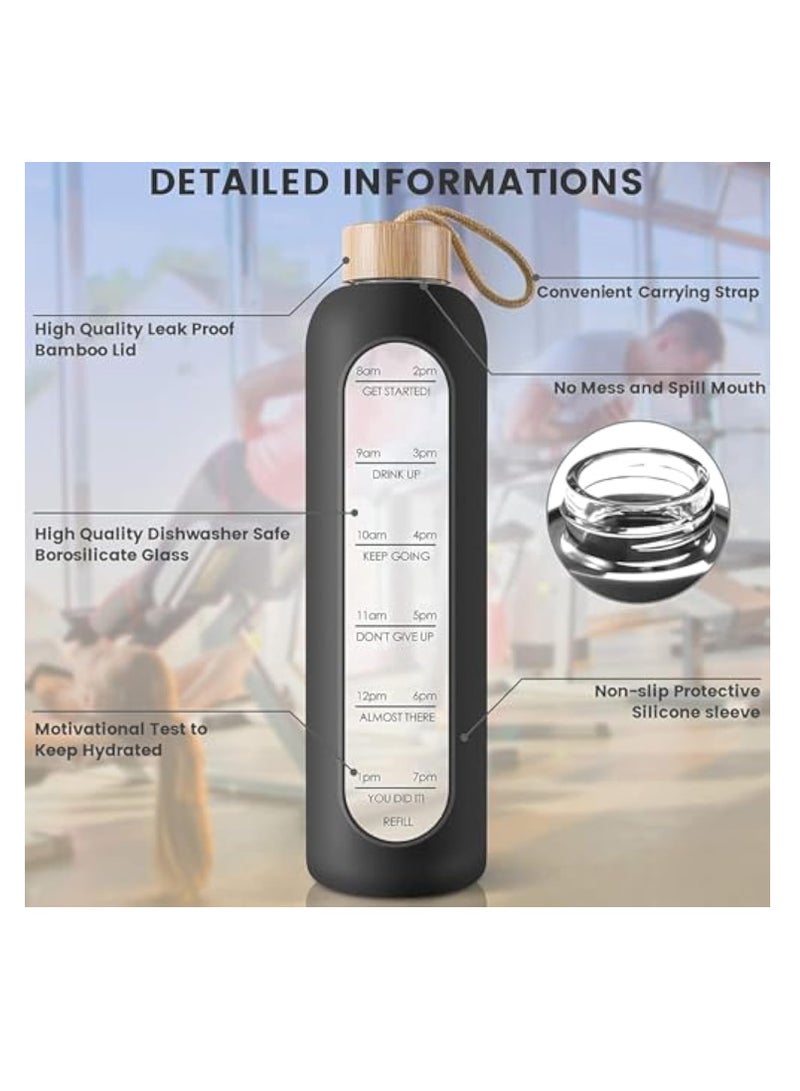 YelaJoy زجاجة ماء زجاجية، زجاجة ماء بورو سيليكات سعة 32 أونصة مع علامة زمنية، زجاجة ماء خالية من BPA مقاومة للتسرب مع غلاف سيليكون وغطاء من الخيزران للرياضة، في الهواء الطلق (أسود) - Image 3