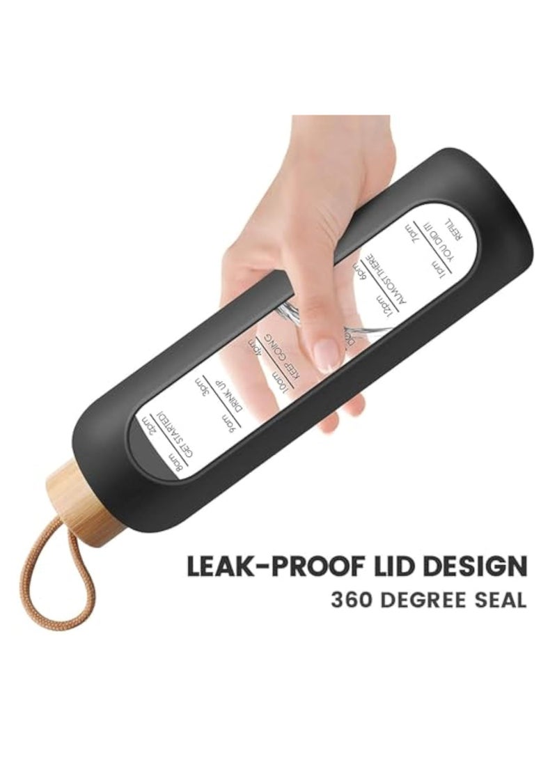 YelaJoy زجاجة ماء زجاجية، زجاجة ماء بورو سيليكات سعة 32 أونصة مع علامة زمنية، زجاجة ماء خالية من BPA مقاومة للتسرب مع غلاف سيليكون وغطاء من الخيزران للرياضة، في الهواء الطلق (أسود) - Image 5