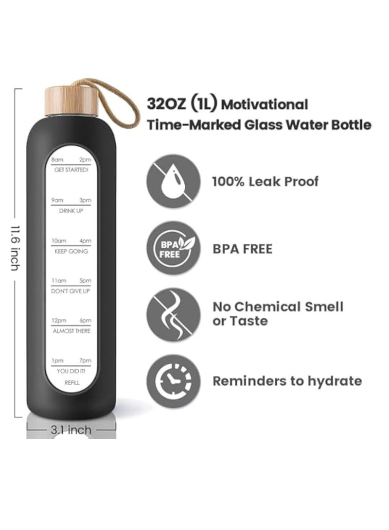 YelaJoy زجاجة ماء زجاجية، زجاجة ماء بورو سيليكات سعة 32 أونصة مع علامة زمنية، زجاجة ماء خالية من BPA مقاومة للتسرب مع غلاف سيليكون وغطاء من الخيزران للرياضة، في الهواء الطلق (أسود) - Image 4