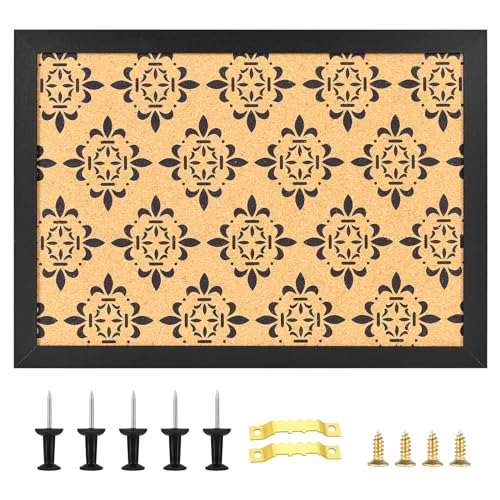 Aitakatta Decorative Cork Board for Walls, Bulletin Board with Black Floral Print, Black Framed Pin Board Vision Board for Office School Bedroom and Dorm Room with Pins, Screws(BK,2636,1pc) - Image 1