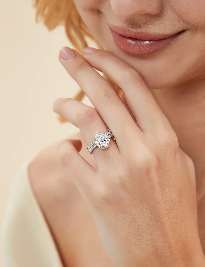 EAMTI 1.5CT 925 Sterling Silver Wedding Band Teardrop Bridal Rings Sets Halo Cubic Zirconia Solitaire Promise Engagement Rings for Women Size 7 - Image 4