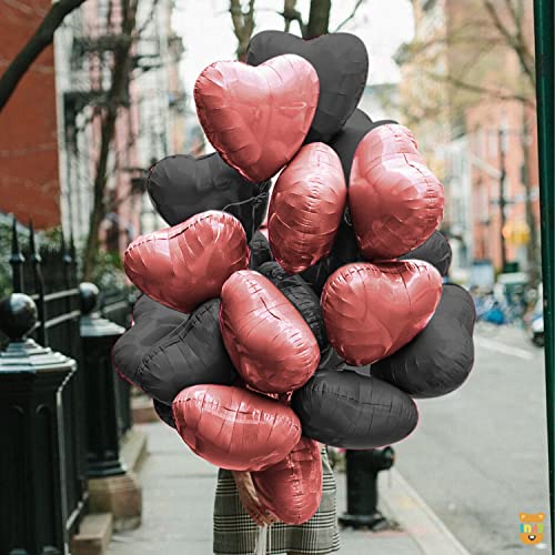 Just Party 5 Pcs Rose Gold & Black 18 Inch Heart Shape Foil Balloons with Shiny Surface For Birthdays/Anniversary/Engagement/Baby Shower/Party Decorations (Satin Roll & Straw Included) - Image 2