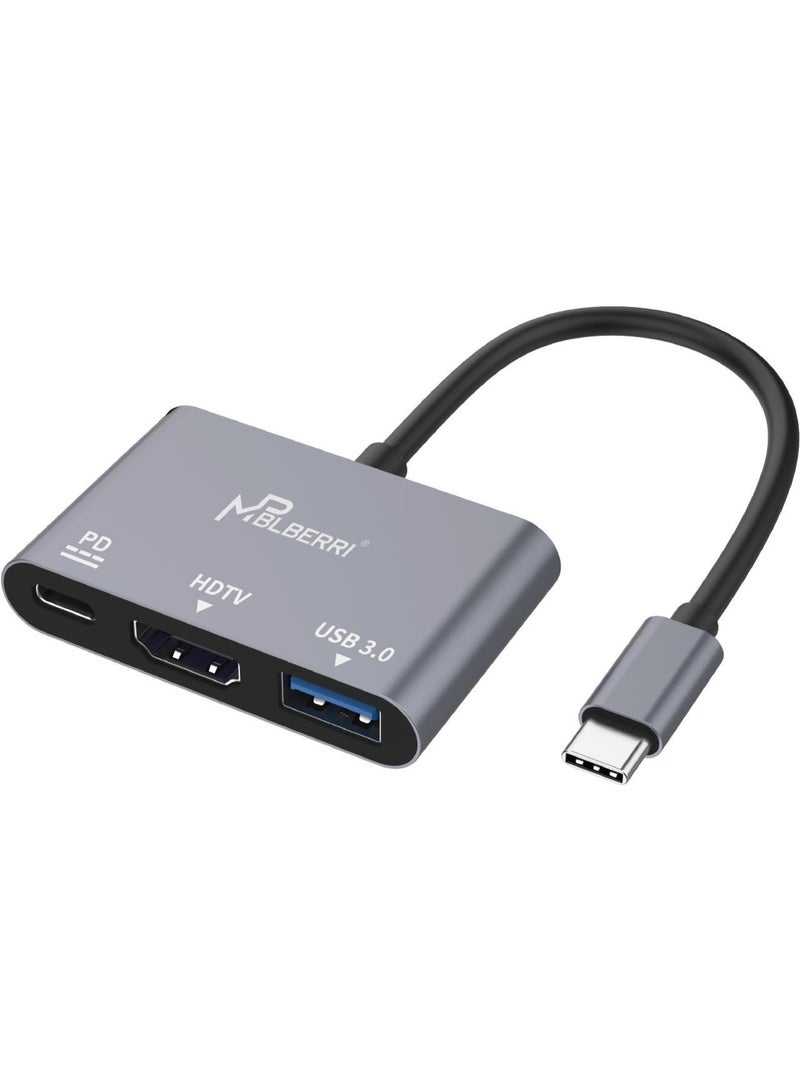 MP BLBERRI 3-in-1 USB-C to HDMI Adapter with PD Charging & USB 3.0 – 4K Type-C Hub for MacBook, Laptop, Tablet & Android – BLB-OT552