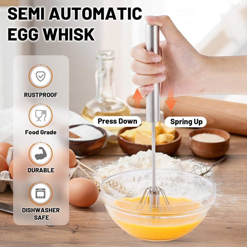 BAUSAR 2025 Upgraded Semi-Automatic Stainless Steel Egg Beater – Hand Push Whisk for Baking, Cooking & Stirring – Perfect for Whisking Eggs, Batters & Creams – Effortless Mixing for Quick, Smooth (12in) - Image 3