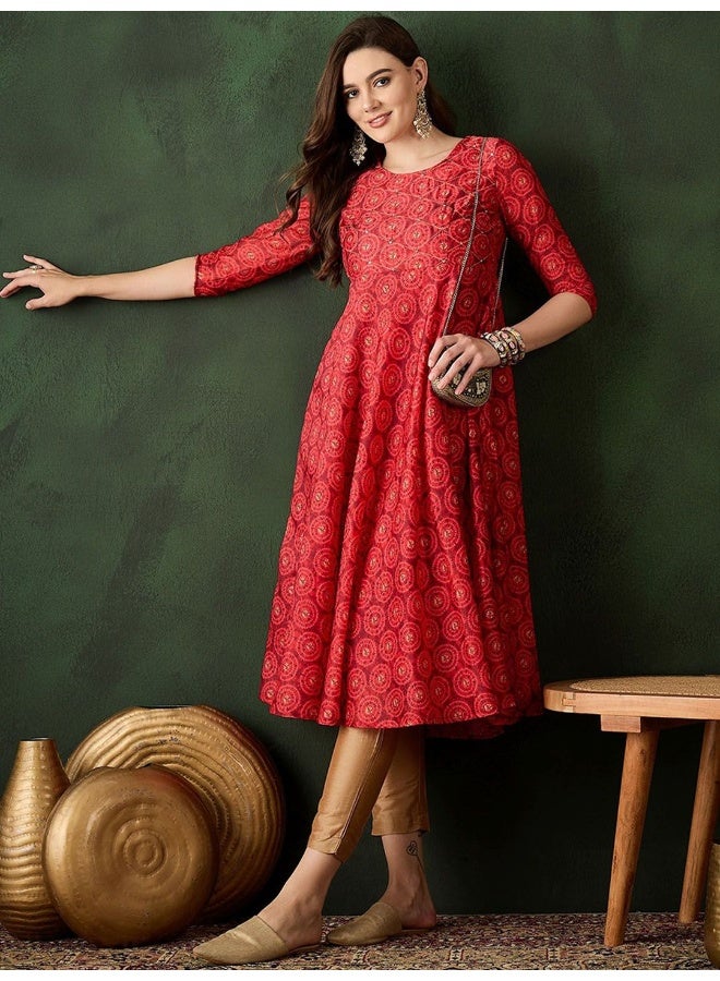 AKS Red Muslin Digital Print Anarkali with yoke detail  - Image 3