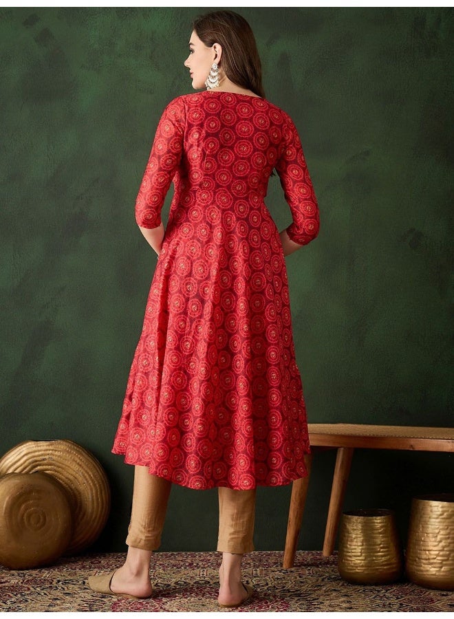 AKS Red Muslin Digital Print Anarkali with yoke detail  - Image 4