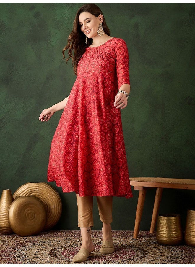 AKS Red Muslin Digital Print Anarkali with yoke detail  - Image 5