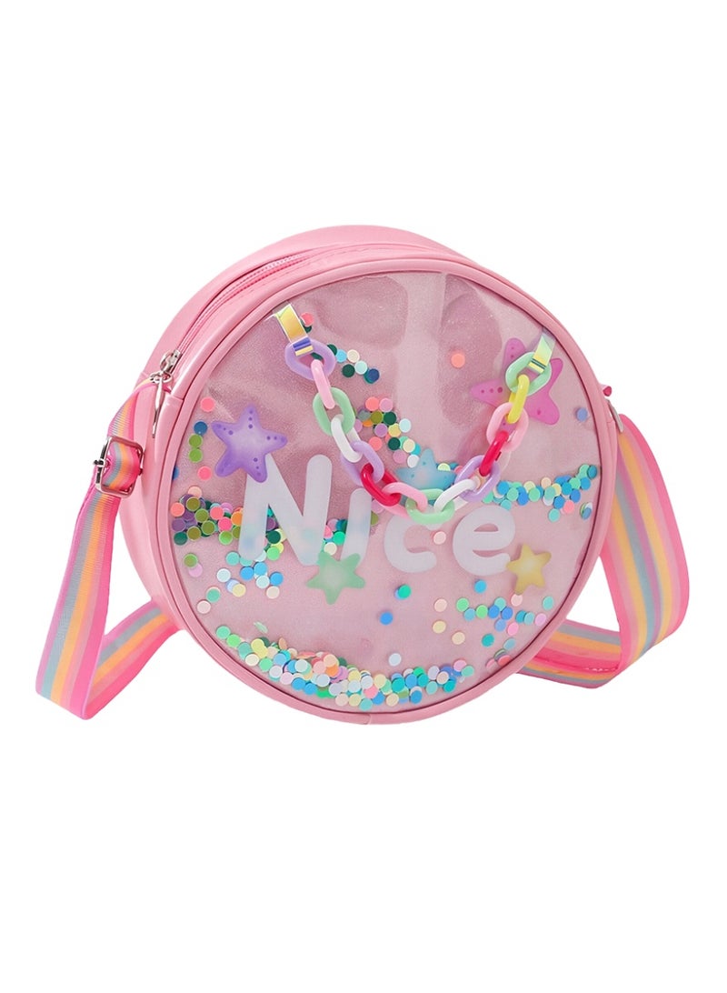 WiNi BEE Girls Round Crossbody Bag, Pink with Adjustable Rainbow Strap & Confetti Window - Cute Letter Design for Teen Girls, Party, Festival - Image 1