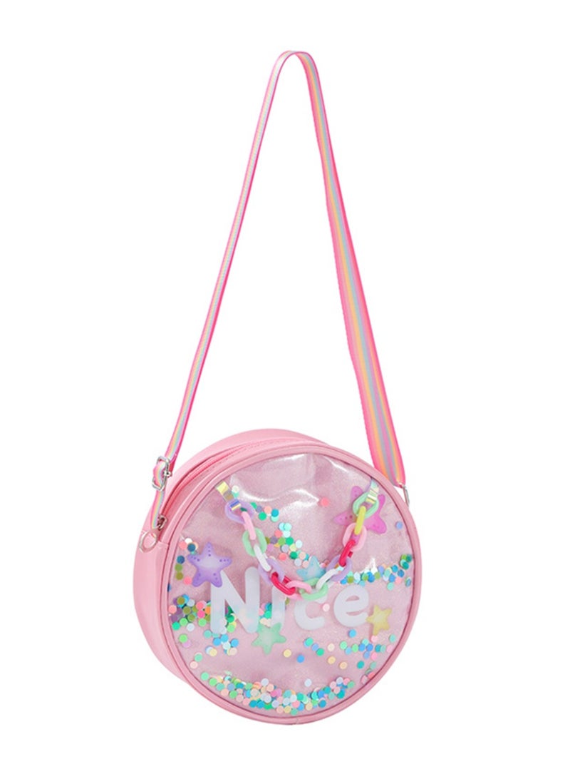 WiNi BEE Girls Round Crossbody Bag, Pink with Adjustable Rainbow Strap & Confetti Window - Cute Letter Design for Teen Girls, Party, Festival - Image 2
