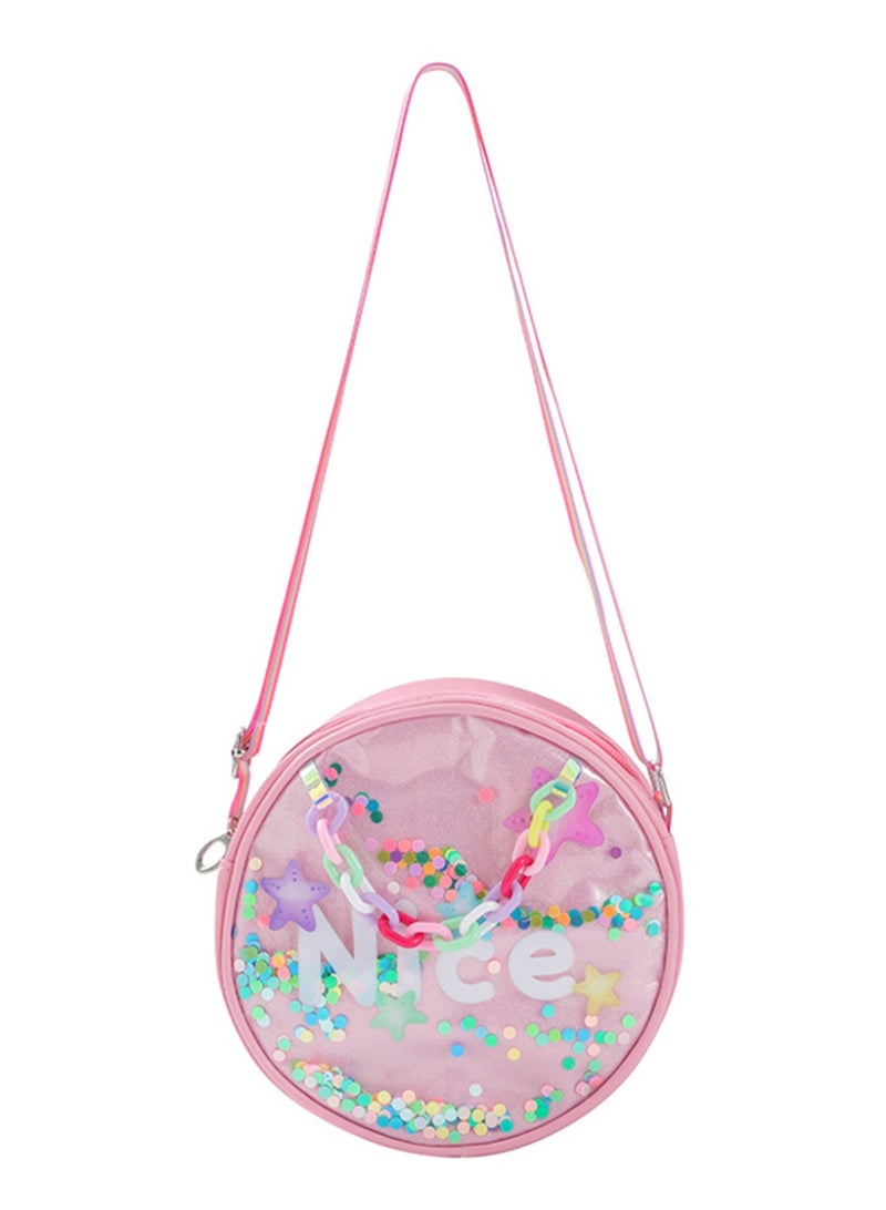 WiNi BEE Girls Round Crossbody Bag, Pink with Adjustable Rainbow Strap & Confetti Window - Cute Letter Design for Teen Girls, Party, Festival - Image 3