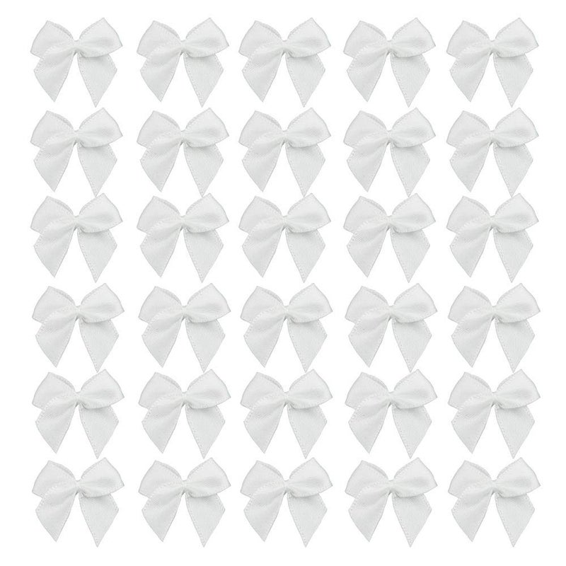 7Rainbows 50pcs Boutique Mini White Satin Ribbon Bows Flowers Appliques DIY Craft for Sewing Scrapbooking Wedding and Gift