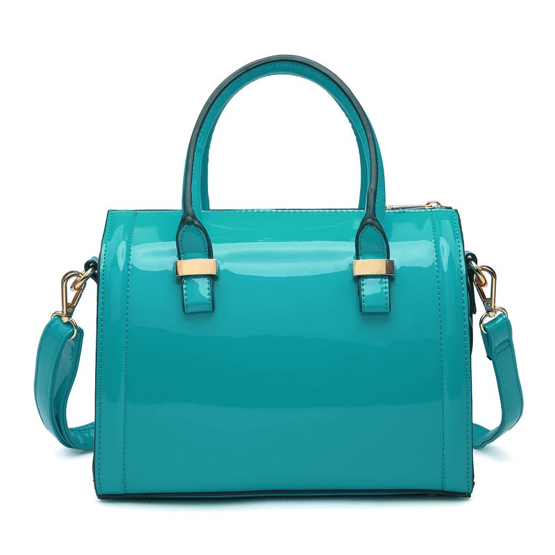 Dasein Shiny Patent Faux Leather Mini Barrel Body Satchel Handbag Shoulder Bag, Small, Blue-new - Image 1