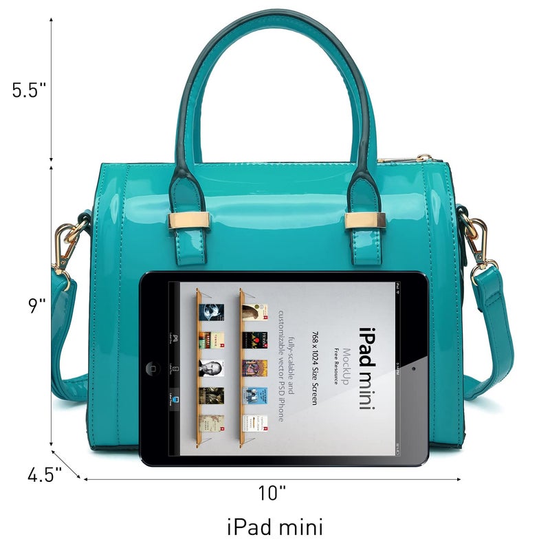 Dasein Shiny Patent Faux Leather Mini Barrel Body Satchel Handbag Shoulder Bag, Small, Blue-new - Image 3