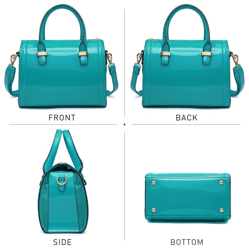 Dasein Shiny Patent Faux Leather Mini Barrel Body Satchel Handbag Shoulder Bag, Small, Blue-new - Image 5