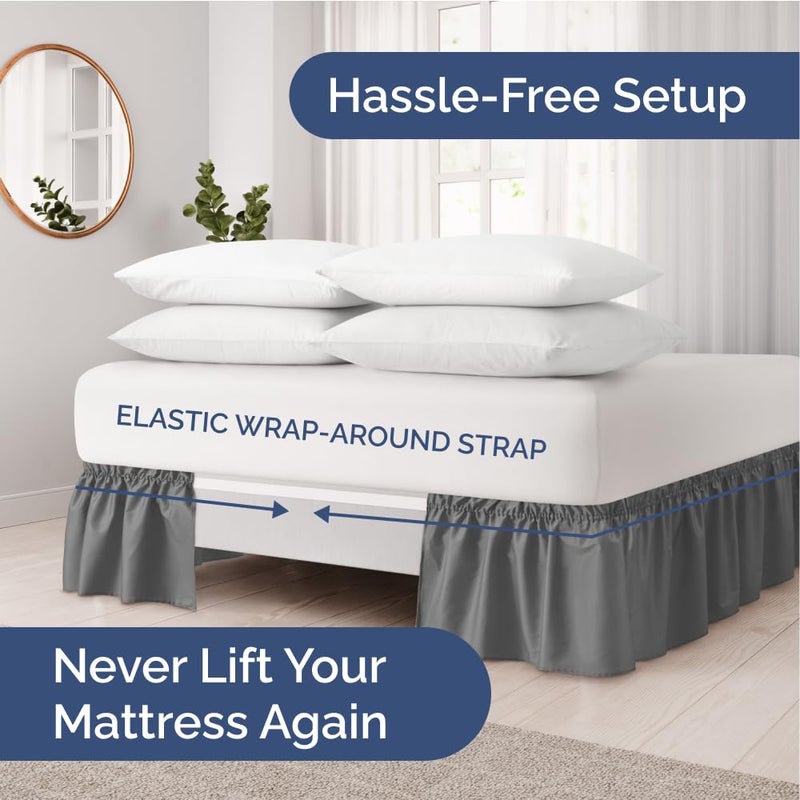 Wrap Around Dust Ruffle Bed Skirt - Dark Grey - Bed Skirt for Full Size Beds with 12 in. Drop - Easy Fit Elastic Strap - Pleated Bedskirt with Brushed Fabric - Wrinkle Free  Machine Wash - CGK Linens