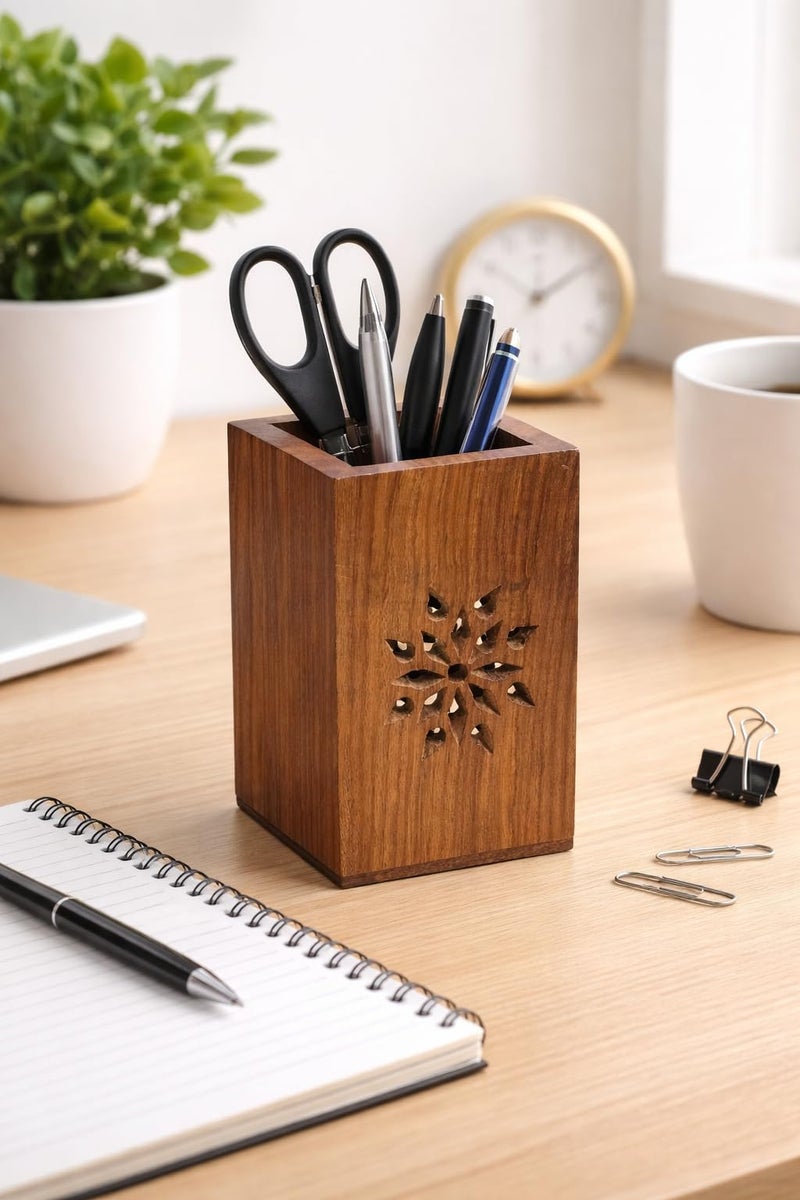 TwoGrams Wooden Pen Stand Pencil Holder - Pen Stand for Office, Pen Stand for Study Table - Office Desk Accessories - Decorative Pencil Holder for Table - (2x2 inch) - Image 2