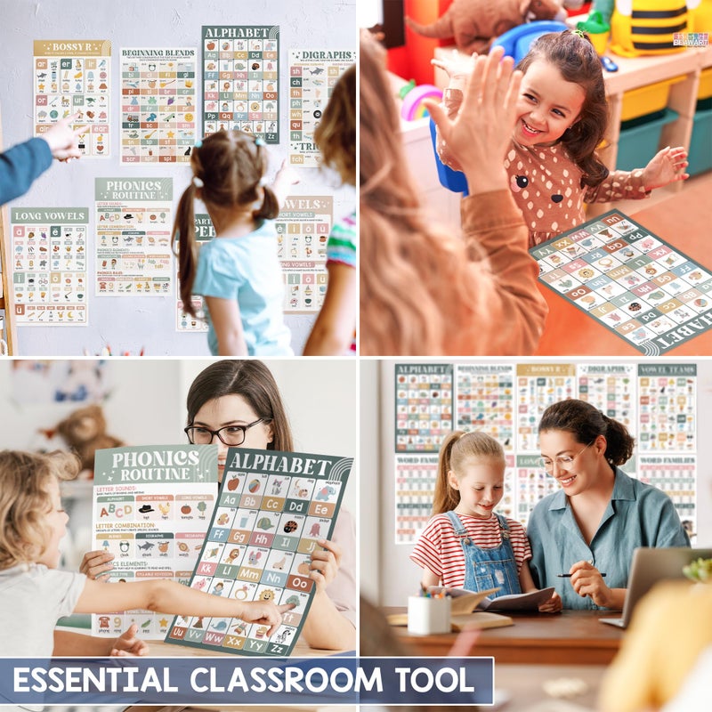 BEAWART 15 Pcs Boho Phonics Posters for Classroom (11"x17") ESL Classroom Decorations, Vowel Posters for School, Sound Wall Phonics Routine, Alphabet, Diphthongs, Word Families, Vowel Sounds - Image 4