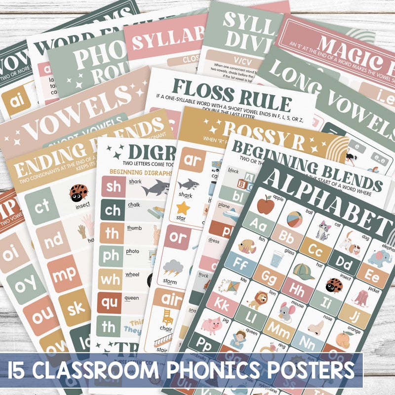 BEAWART 15 Pcs Boho Phonics Posters for Classroom (11"x17") ESL Classroom Decorations, Vowel Posters for School, Sound Wall Phonics Routine, Alphabet, Diphthongs, Word Families, Vowel Sounds - Image 5