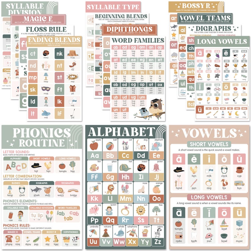 BEAWART 15 Pcs Boho Phonics Posters for Classroom (11"x17") ESL Classroom Decorations, Vowel Posters for School, Sound Wall Phonics Routine, Alphabet, Diphthongs, Word Families, Vowel Sounds - Image 1