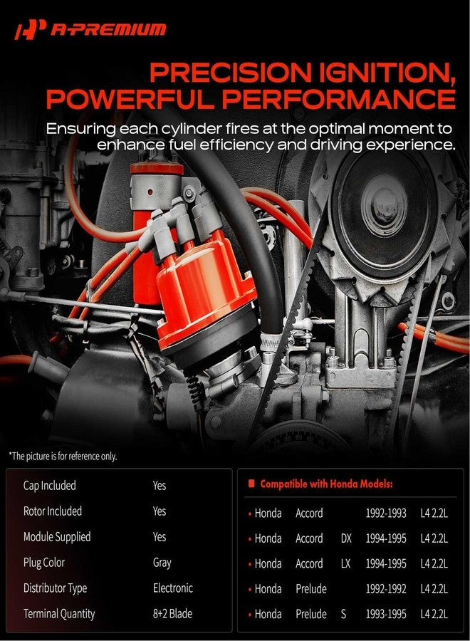 A-Premium Ignition Distributor with Cap and Rotor Compatible with Honda Accord Prelude 1992 1993 1994 1995 2.2L - Image 2